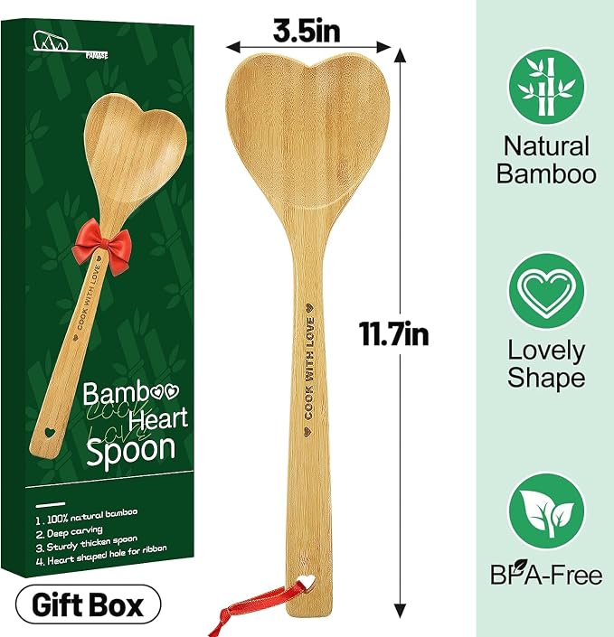 Bamboo Heart Shaped Spoon for Cooking - Wooden Cook with Love Spoon Kitchen Utensils, Mother's Day Gifts for Grandma Mom Couple Wife Hostesses House Warming
