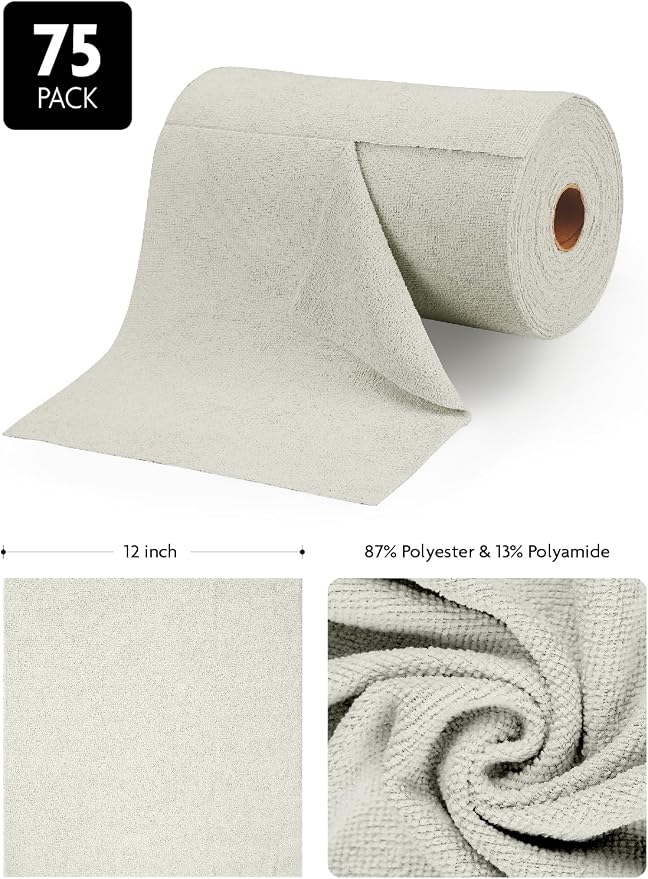 Fantasticlean Microfiber Cleaning Cloth Roll -75 Pack, Tear Away Microfiber Towels, 12" x 12", Reusable, Washable, Scratch Free, Ultra Absorbent Dishcloth for All-Around Cleaning Supplies (Cool Grey)