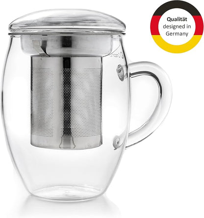Creano Tea Glass with Stainless Steel Infuser and Glass Lid - 14oz (400ml)