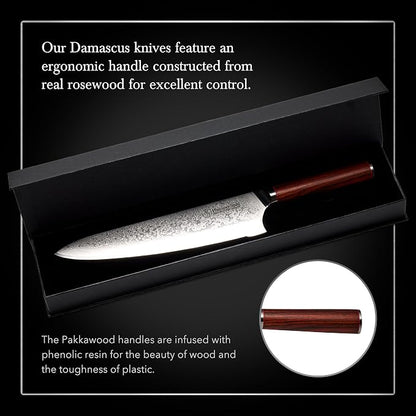 Hammer Stahl 9 Inch Damascus Chef Knife | Professional Kitchen Knife with Rosewood Handle | Damascus Cooking Knife Japanese Forged 67-Layer AUS10 Steel | Full-Tang Japanese Style Chef Knife with Gift