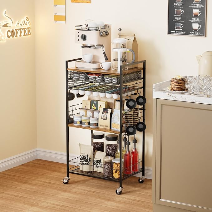 Homsorout Coffee Bar Station with Storage Drawer - 5 Tier Coffee Table Countertop Organizer for K Cups, Tea Bags, Sugar Storage and Kitchen Cabinets (Brown)