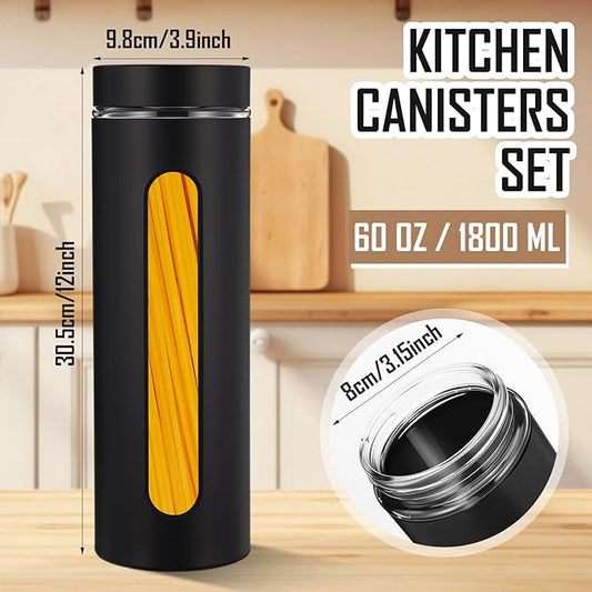 Mimorou 3 Pcs Stainless Steel Canister Set with Glass Windows Visible Storage Jars Silver Kitchen Canister Set for Pasta Flour Oat Sugar Container, Kitchen Tools, Housewarming Gifts(Black,60 oz)