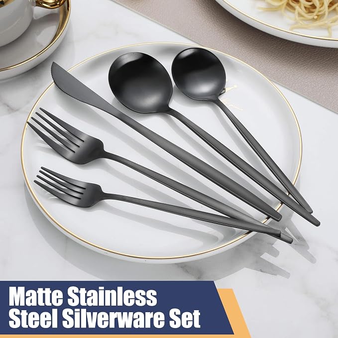 Matte Black Silverware Set,30 Piece Stainless Steel Modern Flatware Set,Brushed Cutlery Set Service for 6,Satin Finish Utensils Set,Home Kitchen and Restaurant,Dishwasher Safe
