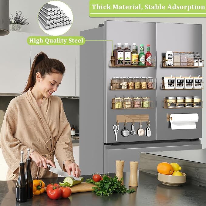 Magnetic Spice Rack for Refrigerator, 9 Pack Magnetic Fridge Shelves W/Adjustable Paper Towel Holder, Hook Rack, Moveable Spice Organizer Shelf for Kitchen Organization and Storage (Brown)