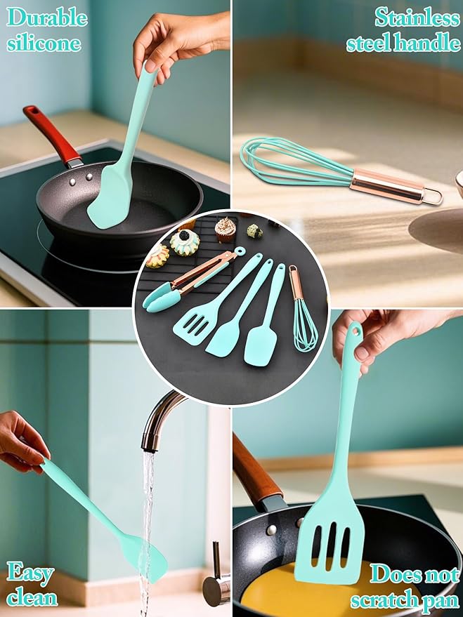 Kitchen Utensil Set,5 Pcs Mini Silicone Cooking Utensils Sets,Heat Resistant Non Stick Kitchens Gadgets BPA-Free Spatula Set,Kids Kitchen Tools Kitchen Set for Cooking
