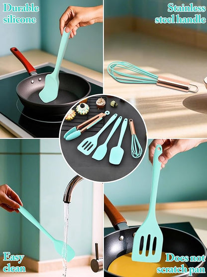 Kitchen Utensil Set,5 Pcs Mini Silicone Cooking Utensils Sets,Heat Resistant Non Stick Kitchens Gadgets BPA-Free Spatula Set,Kids Kitchen Tools Kitchen Set for Cooking