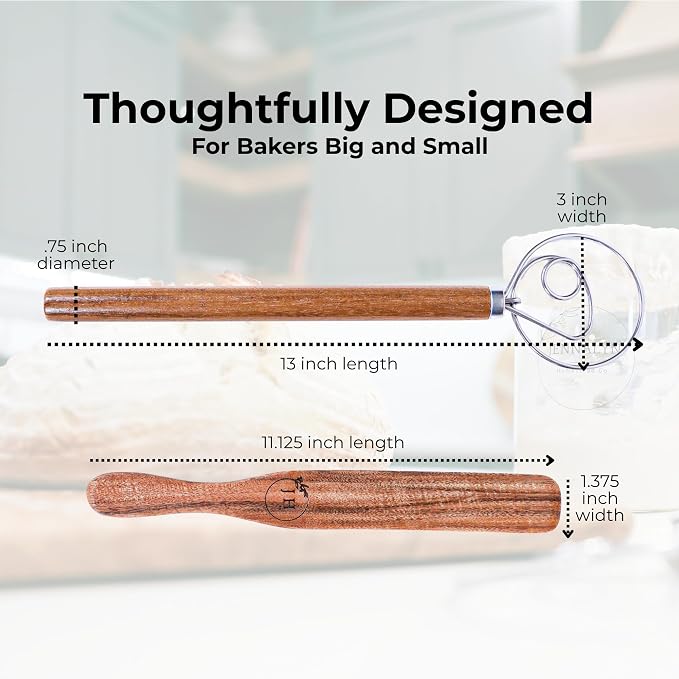 Dutch Dough Whisk & Teak Spurtle Set; Premium Stainless Steel Sourdough Whisk, Wooden Starter Jar Spatula; Sourdough Bread Baking Supplies for Home Bakers; BPA-Free, Bread Making Tools