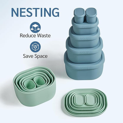 ISSEVE 6Pcs/Set Nesting Silicone Food Storage Containers with Lids, BPA Free Reusable Meal Prep Silicone Containers Lunch Box Bento Box Set (33.8oz, 20oz, 10oz, 6.7oz, 1.3oz) (Green)