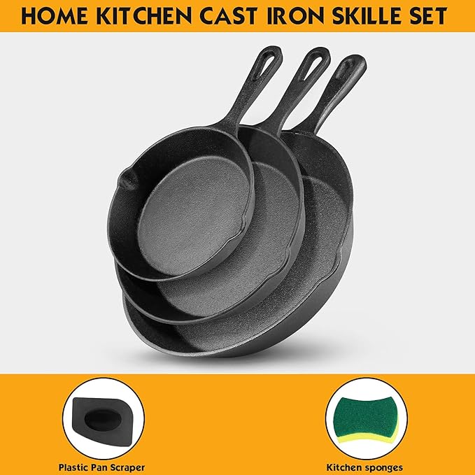 Cast Iron Skillet Set -3 Piece 6 inch, 8 inch and 10 inch Cast Iron Pan, with Scraper+Dish Sponge - Oven Grill Stovetop Safe Cookware - Black