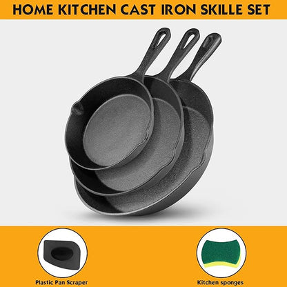 Cast Iron Skillet Set -3 Piece 6 inch, 8 inch and 10 inch Cast Iron Pan, with Scraper+Dish Sponge - Oven Grill Stovetop Safe Cookware - Black