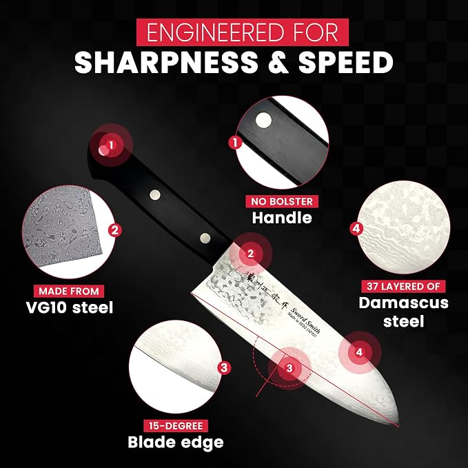 SATAKE CUTLERY Santoku Knife 170mm – VG10 Core 37-Layer Damascus, No-Bolster Japanese Kitchen Knife | Pakkawood Handle, Full Tang | 15-Degree Edge, Made in Japan