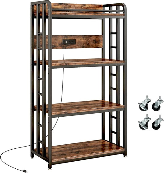 METYERRY Adjustable 4-Tier Heavy Duty Kitchen Baker's Rack with Power Outlet, with Industrial Wheels, Free Standing Microwave Oven Cart Stand for Storage in Living Room, Garage, Rustic Brown