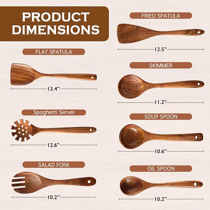 Wooden Spoons for Cooking 7Pcs Natural Acacia Wooden Utensils Set, Wooden Spoon, Spatula, Salad Fork for Cooking,Serving, Stirring, Heat-Resistant, Non-stick Wood Kitchen Utensil Sets