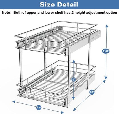 LOVMOR 2 Tier Individual Pull Out Cabinet Organizer 11"W x 21"D, Slide Out Kitchen Cabinet Storage Sliding Shelves