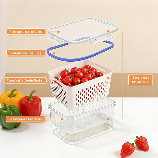 3PC-4 in 1 Food Storage Container, Fruit Storage Containers for Fridge, Produce Storage Containers with Lid and Strainer, Including Drain Basket, Multipurpose Large Fruit Containers for Fridge (White)