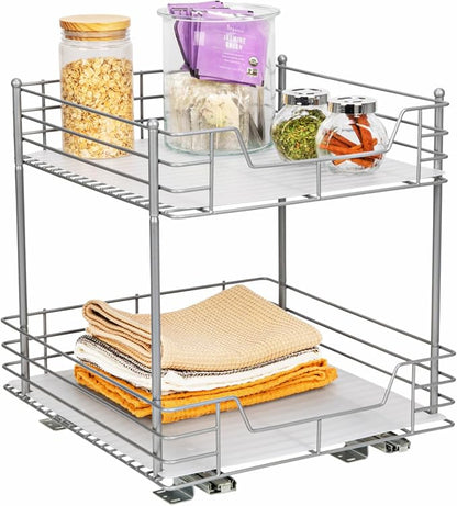 Household Essentials Brushed Steel & Plastic Two-Tier Pantry Organizer, Silver