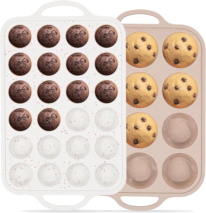 Vinino 2Packs Silicone Muffin Pans for Baking with Metal Reinforced Frame, 12 Cups Regular and 24 Cups Mini Nonstick Cupcake Pan, BPA Free Oven Dishwasher Safe Baking Mold for Muffins Cupcakes