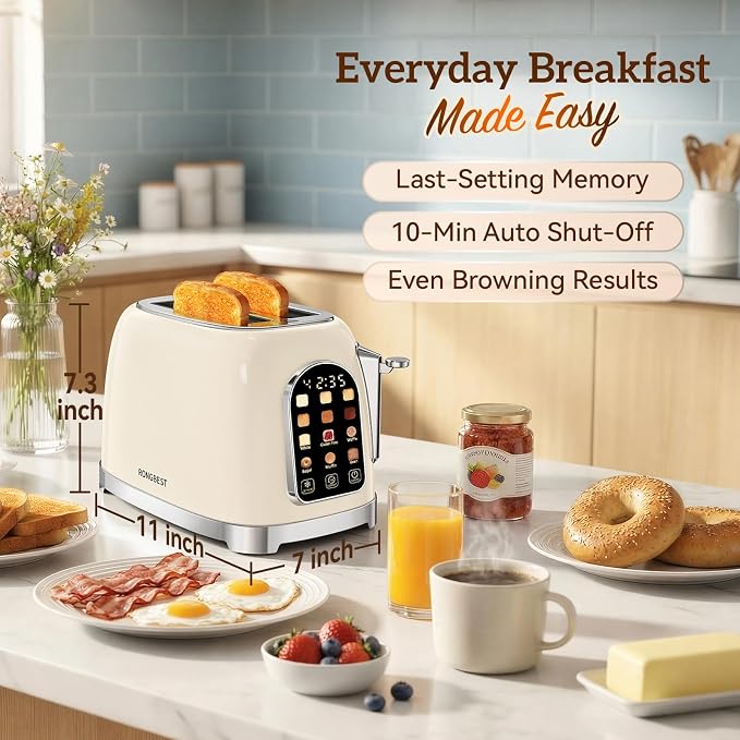 RONGBEST Retro 2 Slice Touchscreen Toaster with Stainless Steel Wide Slot for Breakfast Bread Bagel, Reheat & Defrost, 6 Browning Levels, Removable Crumb Tray, Cream Color