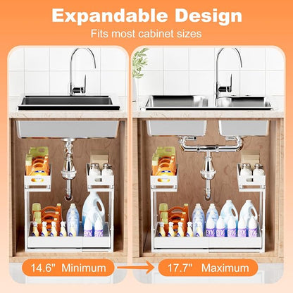 Upgrade 1 Pack Expandable Under Sink Organizers and Storage, 2 Tier Metal Pull Out Cabinet Organizer with 3 Slide Rails, Adjustable Height Slide Out Under Sink Drawers for Kitchen Bathroom Pantry