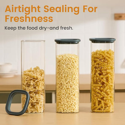 Square Glass Food Storage Jars with Lids 2.5 Qt Set of 3, Perfect for Pasta, Cookies, Nuts, Coffee, Cereal, Flour, Organize Your Kitchen with these BPA-Free Glass Jars with Lids