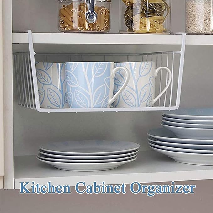 8 PACK 12in Hanging Under Shelf Storage Basket Kitchen Cabinet Organizer Storage, Slides Under Wire Shelves for Counter Pantry Desk Bookshelf, White