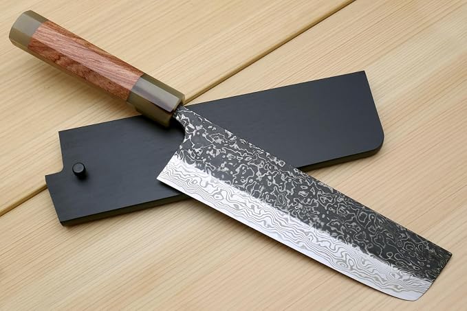 Yoshihiro Black-Forged High Performance SLD Damascus Steel Nakiri Vegetable Knife (7" (180mm), Ironwood Handle) (with Saya)