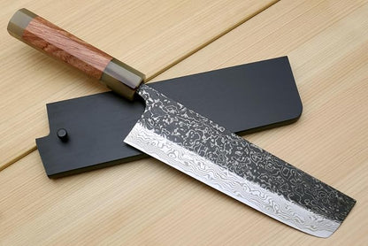Yoshihiro Black-Forged High Performance SLD Damascus Steel Nakiri Vegetable Knife (7" (180mm), Ironwood Handle) (with Saya)