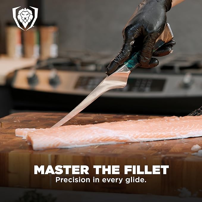 Dalstrong Valhalla 7" Fillet Knife — Flexible High-Carbon Blade (8–12° Edge), Unique Wood Resin Handle - For Filleting Fish, Deboning Proteins, Trimming Silverskin — Leather Sheath, Customer Support