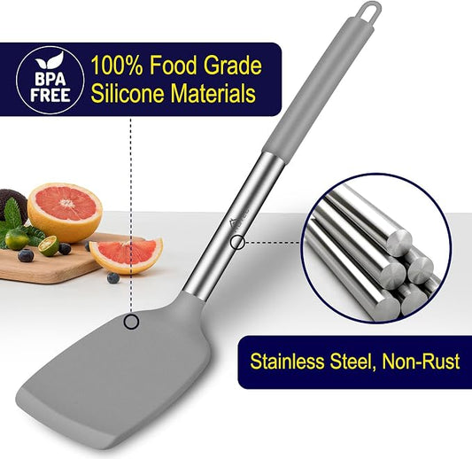 HOTEC Silicone Spatula Set of 2 Heat-Resistant 600°F & BPA-Free Kitchen SaptulaTurner with Stainless Steel Handles, Slotted & Solid Spatulas for Nonstick Cookware, 13.7 Inch, Grey