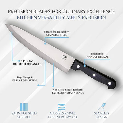 Moss & Stone 14 Pcs Knife Block Set Stainless Steel, Premium Forged Kitchen Knives Set with High-Carbon Blades, Ergonomic Handle, Sharp Blade, Rust Resistant, Modern Style for Home & Chef, Black