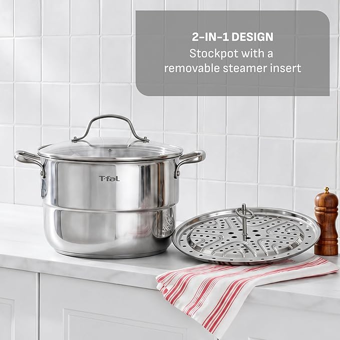 T-Fal Specialty 7.2 Quarts Stainless Steel Pan Stockpot with Lid, Induction Compatible, Dishwasher Safe, Oven Safe to 500°F, Stew Pot, Silver