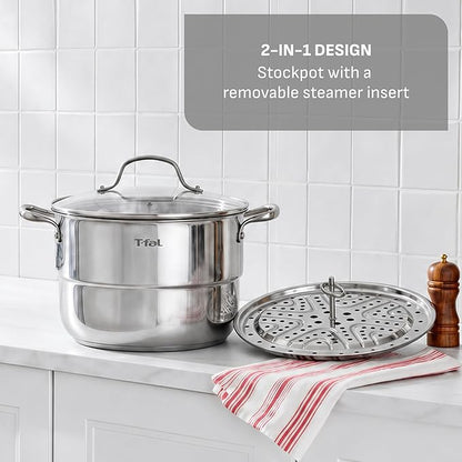 T-Fal Specialty 7.2 Quarts Stainless Steel Pan Stockpot with Lid, Induction Compatible, Dishwasher Safe, Oven Safe to 500°F, Stew Pot, Silver