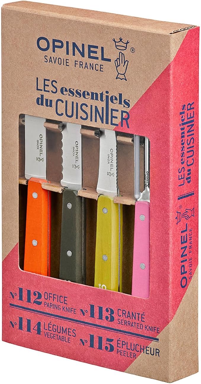 OPINEL Les Essentials - Small Kitchen 4 Piece Knife Set - Paring, Serrated, Peeler, Vegetable Knife, Corrosion Resistant High Carbon Steel, Made in France (50s)