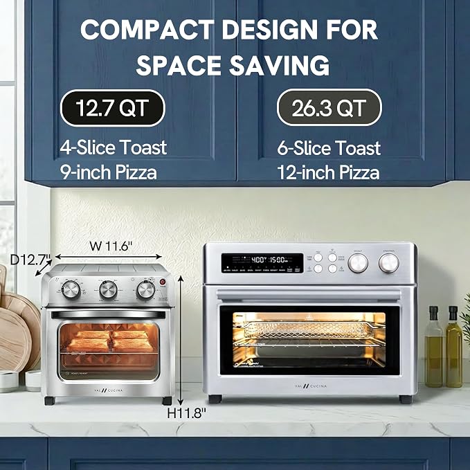 VAL CUCINA 6-in-1 Air Fryer Toaster Oven Combo, Compact 12.7 QT Small Countertop Convection Oven, Fits 9" Pizza & 4 Toast, Hexagon Hybrid Heating, Enamel Baking Pan Included, Stainless Steel Finish