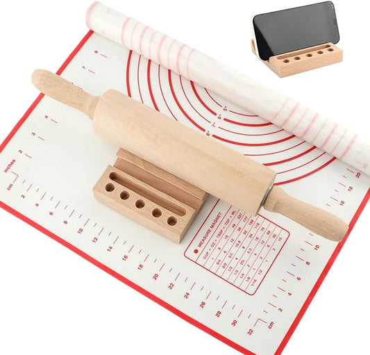 Rolling Pin Set for Baking, Wooden Dough Roller with a 24×16 Inch Silicone Mat and Stand, Kitchen Pastry Baking Accessories for Pie Crust, Cookies, Pizza Dough and Bread