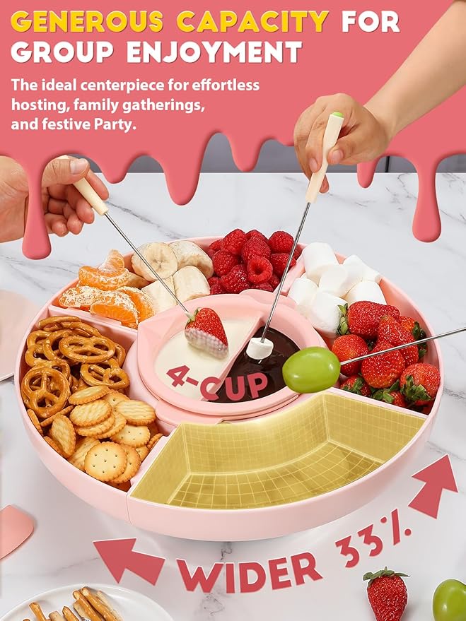 LUSHYUM Chocolate Fondue Pot Set Electric Melting Machine, 4-Cup Capacity 4 Trays 6 Forks 1 Spatula Cheese Warmer, Ideal Gift for Couple Family & Date Night Idea House Warming Holidays Essentials