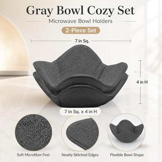 Set 2X Gray 7" sq. x 4" H Bowl Holders - Polyester Hot Soup Holder for Kitchen Gadget - Hot Pot and Japanese Soup Bowls - Microwave Bowl Cozy Safe - Multipurpose Hot Heat Proof Plate Holder