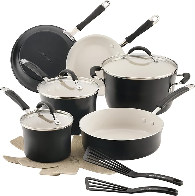 Rachael Ray Cucina Ceramic Nonstick Cookware Pots and Pans Set, 13-Piece, Peppercorn