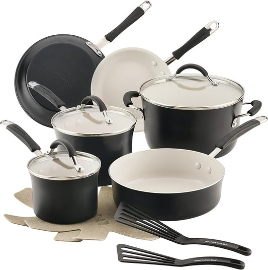 Rachael Ray Cucina Ceramic Nonstick Cookware Pots and Pans Set, 13-Piece, Peppercorn