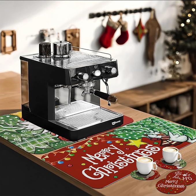 Baccessor Christmas Dish Drying Mat with 4PCS Coasters,2PCS Kitchen Bar Mat Coffee Mat Accessories Fits Under Coffee Maker and Pot,Santa Claus Snowman Bar Mat Detachable