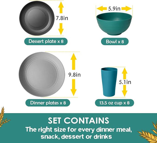 Teivio 32-Piece Kitchen Plastic Wheat Straw Dinnerware Set, Service for 8, Dinner Plates, Dessert Plate, Cereal Bowls, Cups, Unbreakable Colorful Plastic Outdoor Camping Dishes,Coastal