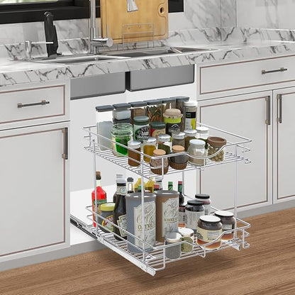 FULGENTE Chrome Finish Pull Out Drawer Cabinet Organizer 2 Tier (14" W X 18" D) Sliding Drawers For Kitchen Cabinets Cookware Organizer Drawer For Cabinet Slide Out Shelves