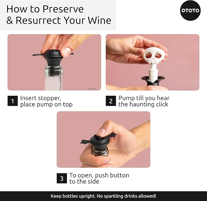 OTOTO Skull Wine Saver Pump and Stoppers - Halloween Gifts, Emo Accessories, Gothic Kitchen, Goth Gifts, Bat, Kitchen Gadgets - (Spookelier)