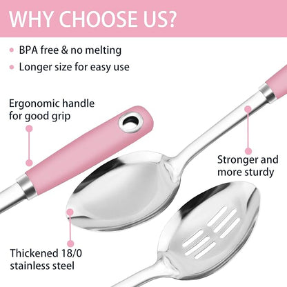 14-in Pink Cooking Spoons Set, Heavy Duty 18/0 Stainless Steel Large Serving Spoons Set, Slotted Spoon, Cooking Spoon & Soup Ladle, Commercial and Residential Use, Pack of 3