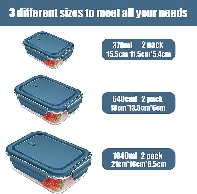 Glass Meal Prep Containers 5 Pack,Three Sizes Airtight Glass Lunch Containers, Glass Food Storage Containers with Lids, for Microwave, Oven, Freezer & Dishwasher Friendly(Sea Blue)