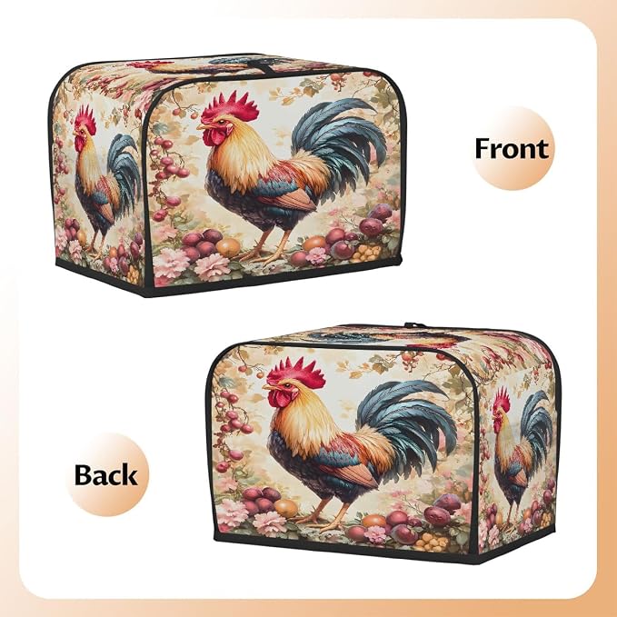 Rooster Animal Toaster Cover 2 Slice Wide Slot Washable Toaster Covers | Flower Art Dust and Fingerprint Protection Bread Maker Covers for Kitchen Accessories Decor Bakeware Women Gift