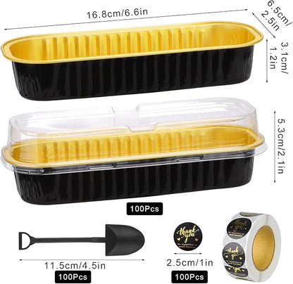 100Pack Aluminum Foil Mini Loaf Pans With Lids, 6.8 Oz Rectangle Baking Cups Muffin Tins,Disposable Pans Holders For Brownie Cake Bread -Black In Gold
