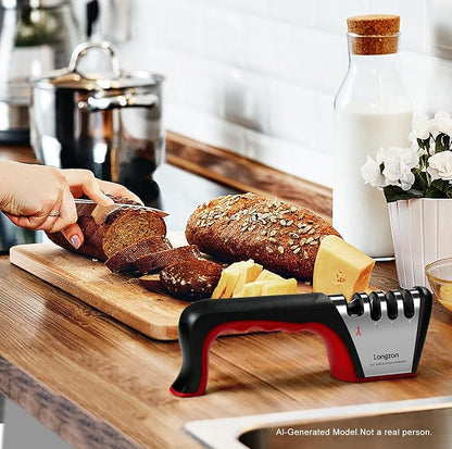 Longzon 5-in-1 Knife Sharpener 4 Stage with Cut-Resistant Glove, Quickly Sharpens & Restores Dull Blades, Easy & Safe for Home Kitchen Use, Fits Most Knives and Scissors, Black+Red
