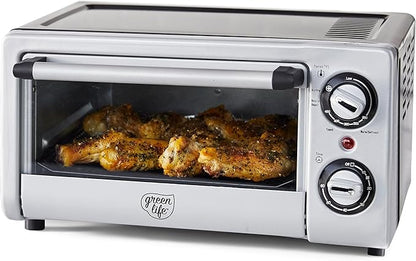 GreenLife Countertop Toaster Oven Air Fryer Stainless Steel, Healthy Ceramic Nonstick, PFAS Free, Tray & Basket, Bake, Broil, Reheat, Adjustable Temp & Time Control, Auto Shutoff, Black