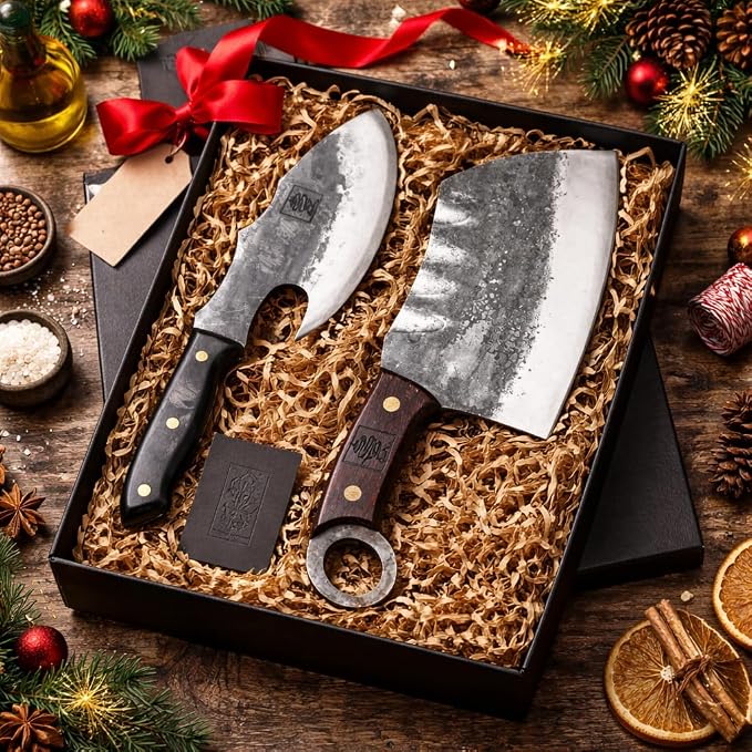 COOLINA Vikings Duo Butcher & Cleaver Knife Set - Hand-Forged High-Carbon Steel, Razor Sharp, Full Tang, Wood Handle, Perfect for BBQ, Meat & Veggies, Built for Grill Masters